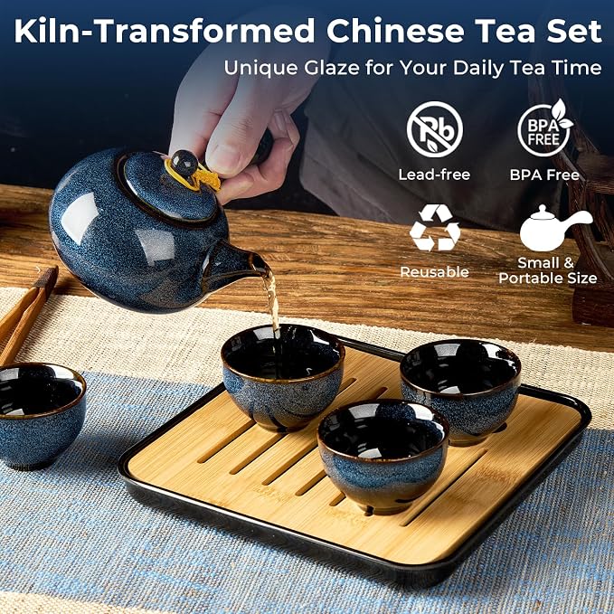 DUJUST Chinese Gongfu Tea Set, Kiln Altered Glaze Porcelain Tea Set - Image 2