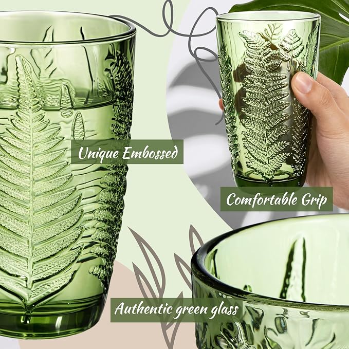 Reallnaive 14 oz Green Drinking Glasses Set of 8, Vintage Glassware - Image 3