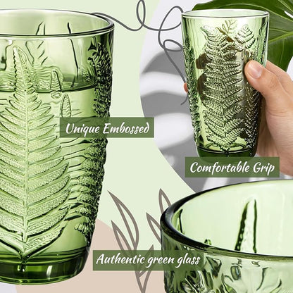 Reallnaive 14 oz Green Drinking Glasses Set of 8, Vintage Glassware - Image 3