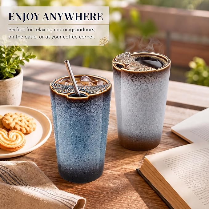 2 Pack Ceramic Coffee Mug with Sip Hole, Retro Espresso Cup 13 oz with 2 Straws - Image 5