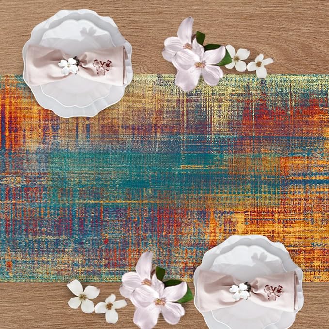 Vintage Blue Orange Dining Table Runner, Retro Abstract Messy Rust | Painting - Image 4