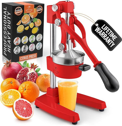 Zulay Kitchen Cast Iron Juicer - Easy-to-Clean Heavy-Duty Manual Juicer, Professional Citrus Juicer - Stainless Steel Lemon Squeezer - Manual Citrus Press & Orange Squeezer - Orange Juicer (Red)