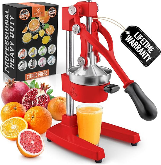 Zulay Kitchen Cast Iron Juicer - Easy-to-Clean Heavy-Duty Manual Juicer, Professional Citrus Juicer - Stainless Steel Lemon Squeezer - Manual Citrus Press & Orange Squeezer - Orange Juicer (Red)