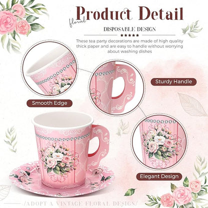 Nuogo 200 Pcs Floral Paper Tea Cups and Saucers 7 oz Disposable Paper Teacups - Image 3