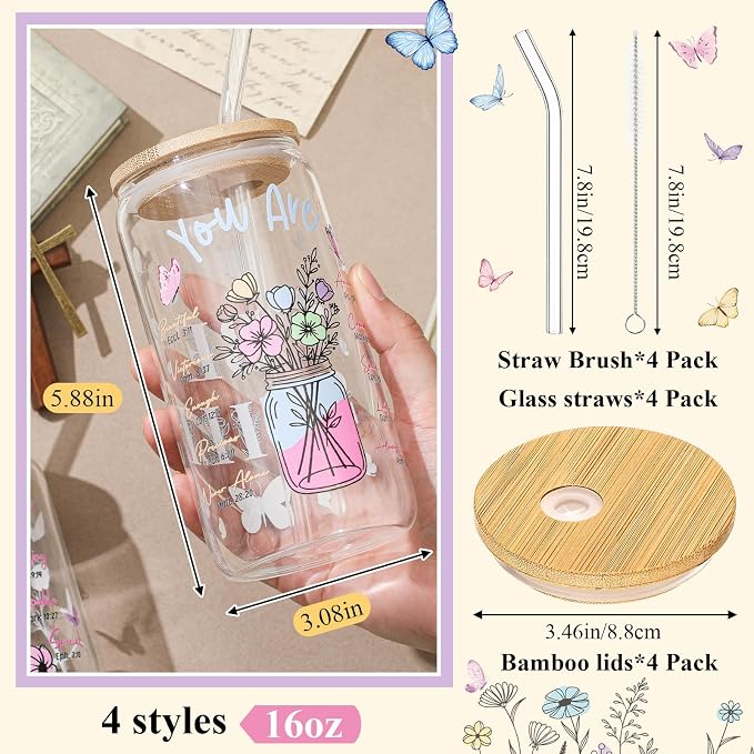 Mumufy 4 Pack Wildflower Glass Cups Gift Aesthetic Cute Glass Cup Tumbler - Image 2