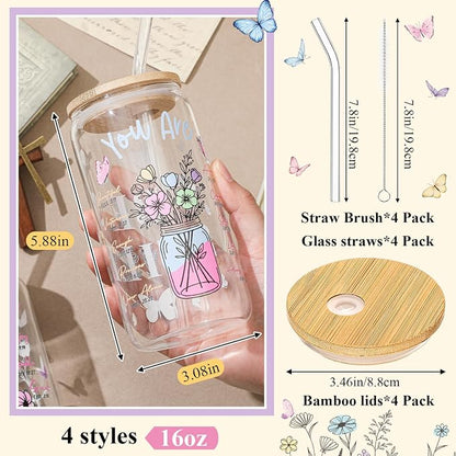 Mumufy 4 Pack Wildflower Glass Cups Gift Aesthetic Cute Glass Cup Tumbler - Image 2