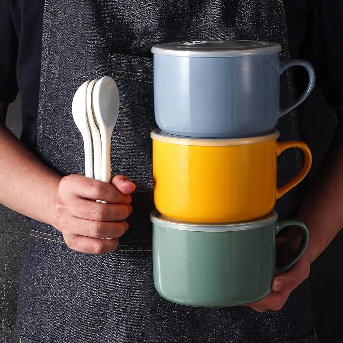 Soup Bowls with Handles & Spoons, 30oz Ceramic Ramen Bowl with Lid, Large Soup - Image 9