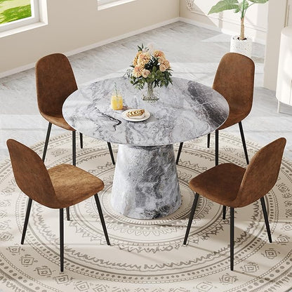 Round Dining Table Set for 4, 45" Modern Faux Marble Kitchen Table and Upholstered Chairs, 5 Piece Small Circle Dinette Set for Dining Room, Kitchen (Marble Gray Set)