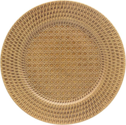 13 Inch Antique Gold Charger Plates Set of 6 Round Plastic Plates Matte Finish Faux Rattan Woven Texture Charger plates for Wedding Party Christmas (537)