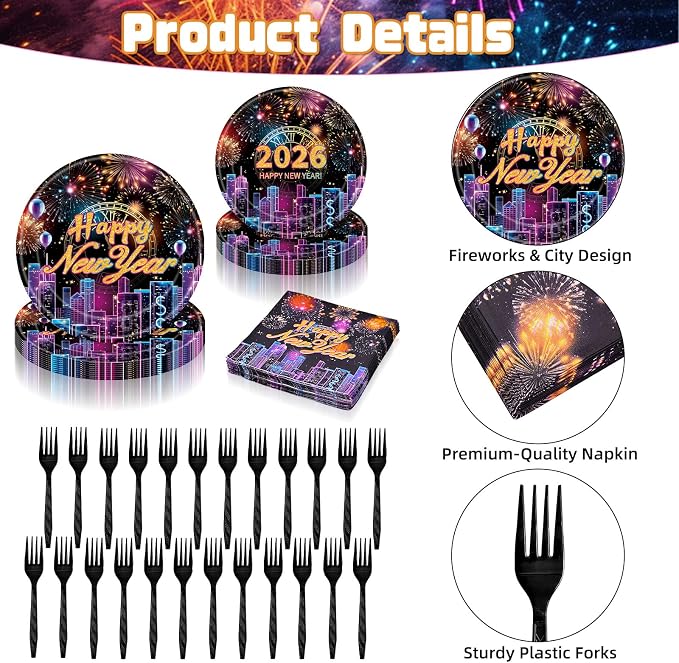 96 Pieces Happy New Year 2026 Tableware Set – Fireworks and City Night Skyline - Image 3