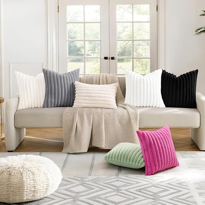 decorUhome Cozy Faux Fur Spring Throw Pillow Covers 20x20 Set of 2 Decorative Soft Plush Striped Modern Farmhouse Boho Couch Pillow Cases with Velvet Back for Sofa Bed Living Room, Grey