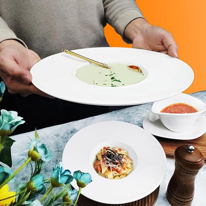 Ceramics Rimmed Soup Bowls 8.5 oz, White 10.4 inch Exquisite small soup plate Set of 4, Pasta plates With Rim is the best choice for hotels, kitchens, fine restaurants and gourmets