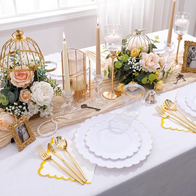 LIYH 210 Pcs Gold Scalloped Plastic Dinnerware Set 30 Guests - Image 3