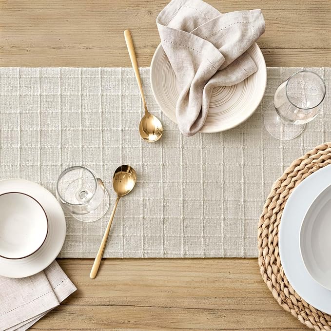Artisanal Grid Linen Table Runner, 13x36 Inches Ivory | Heavy Textured - Image 5