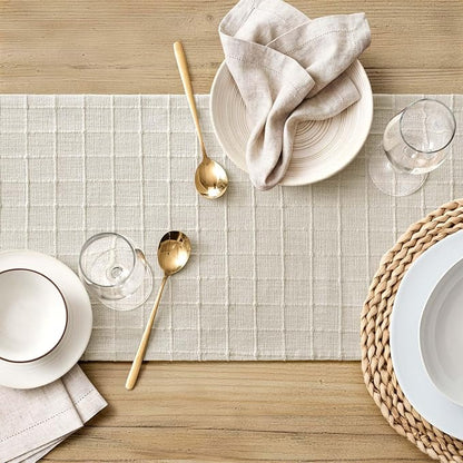 Artisanal Grid Linen Table Runner, 13x36 Inches Ivory | Heavy Textured - Image 5