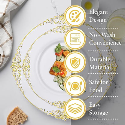 Nervure 700PCS Gold Plastic Plates - Gold Plastic Dinnerware Sets for 100 Guests - 200 Disposable Plates, 300 Silverware, 100 Cups, 100 Napkins for Wedding & Party