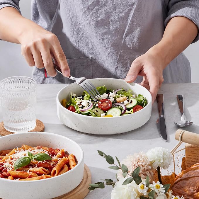 E-far Pasta Bowls Set of 6, 35 oz Large Stoneware Bowl Plates | Shallow & Wide - Image 3