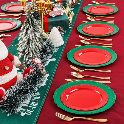 U-QE 100Pcs Christmas Plastic Plates - Green and Red Plate Disposable for Party, Plastic Christmas Plates Disposable Include 50 Red Dessert Plate, 50 Green Dinner Plate Suite for Party