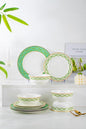 High Bone China Dinnerware Set, 12-Piece Artistic Green Plates and Bowls, Lightweight & Chip Resistant Ceramic Service for 4, Dishwasher Safe Elegant Kitchen Dining