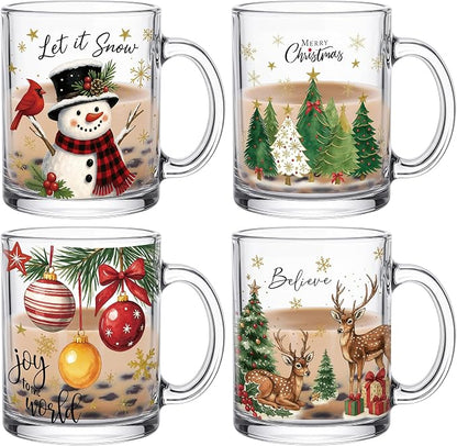 Tioncy 4 Pcs Christmas Glass Coffee Mugs 12 oz | Reindeer Snowman Tree Designs by Tioncy