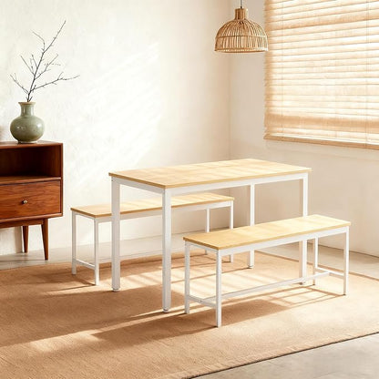 Dining Table Set for 4, Wooden Kitchen Table and 2 Benches Set with Metal Frame, Rectangular Dining Room Table Set for Small Space, Living Room, Apartment, Breakfast Nook, 43.3" L x 23.6" W x 29.9" H