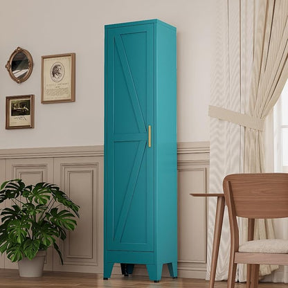 Narrow Metal Cabinet with 4 Adjustable Shelves and Barn Doors,Tall Bathroom Storage Cabinet, Metal Pantry Organizer for Kitchen,Home Office, Dining Room,Blue