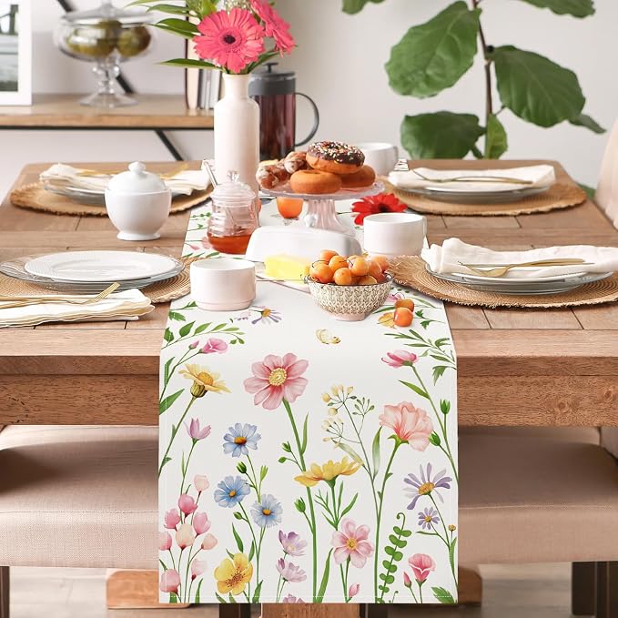 Bonhause Spring Floral Table Runner 13x72 Inch Pink Flowers Plants Leaves - Image 2