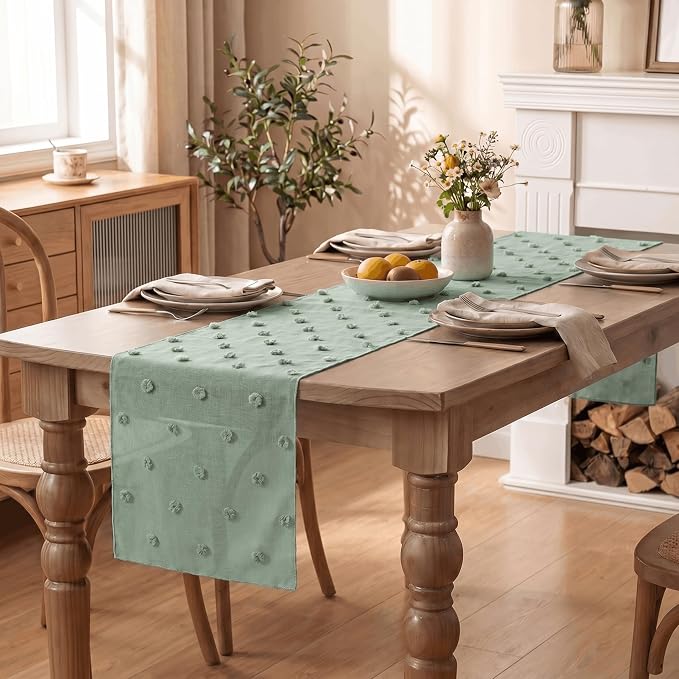 Artoid Mode Sage Green Pom Pom Tulle Table Runner, Seasonal Spring Washable - Image 5