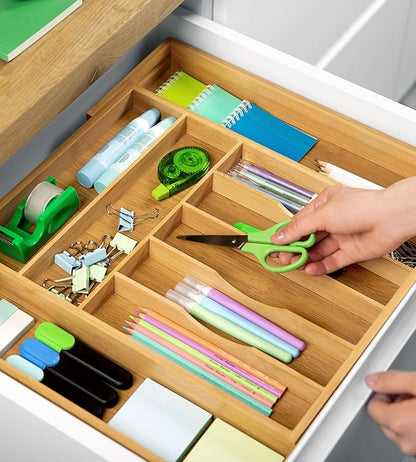 ROYAL CRAFT WOOD Luxury Bamboo Kitchen Drawer Organizer - Silverware Organizer, Utensil Holder & Cutlery Tray Drawer Dividers for Flatware (9 Slot, Natural)