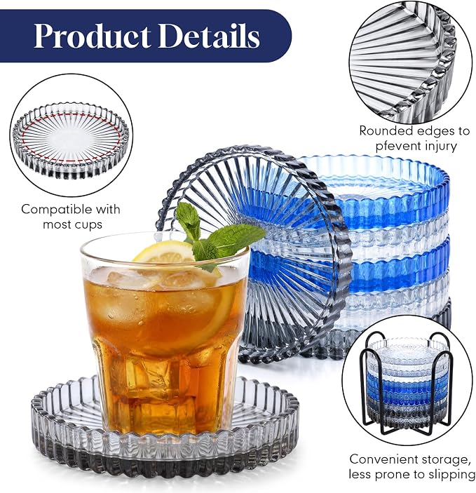 6 Pcs Glass Coasters with Holder Clear Drink Coasters Crystal Round Beverage - Image 3
