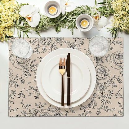 Rustic Floral Placemats - Country Place Mats Set of 4 Farmhouse Rose Flowers Tablemats 12x18 for Party Kitchen Dining