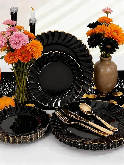 YOUBET 60PCS Black Scalloped Plastic Plates - Image 5