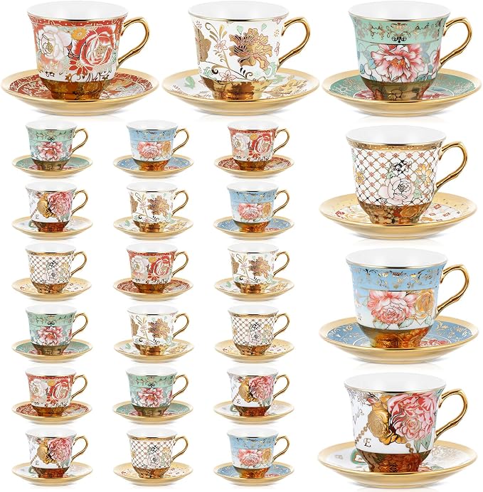 Teenyyou Set of 24 Tea Cups and Saucers Tea Party Decorations Floral Porcelain by Teenyyou