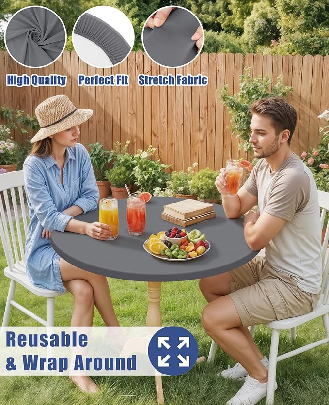 Round Spandex Tablecloth 2 Pack, Elastic Fitted Waterproof Tablecloths for 57"-68" Tables, Stretch Washable Picnic Table Cover for Camping, Dining, Indoor and Outdoor, Grey