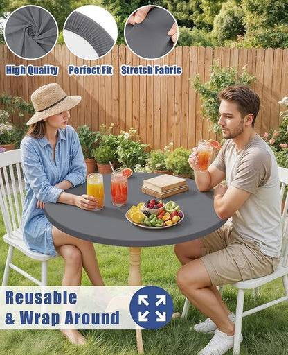 Round Spandex Tablecloth 2 Pack, Elastic Fitted Waterproof Tablecloths for 57"-68" Tables, Stretch Washable Picnic Table Cover for Camping, Dining, Indoor and Outdoor, Grey
