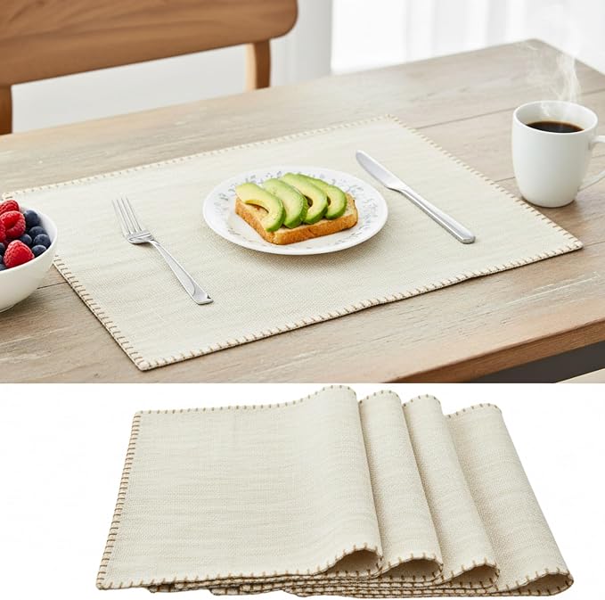 Dining Table Placemats with Decorative Stitched Edge Textured Organic Cotton by OveeshaHomeDecor