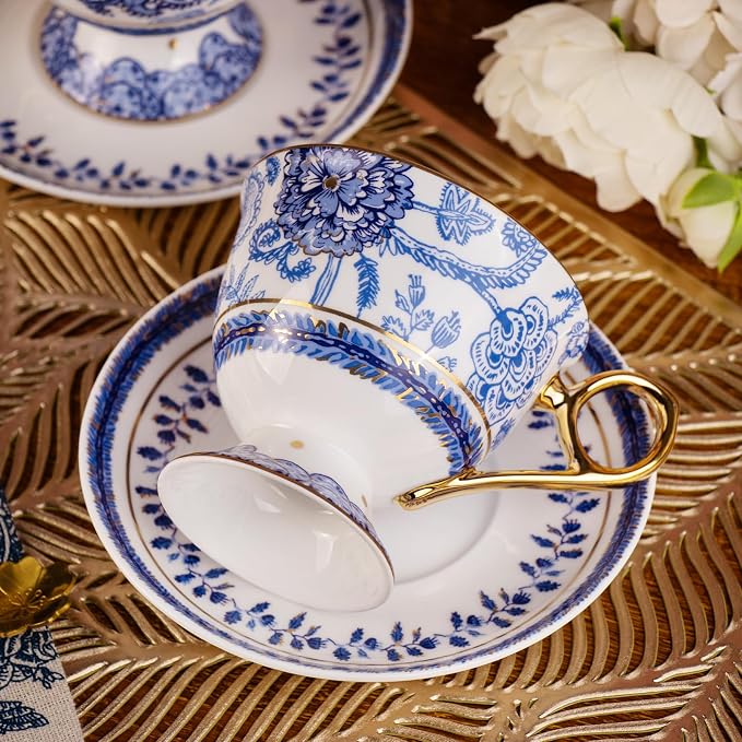 KAMMAK Tea Cups and Saucers Set of 2, Fine Bone China Coffee Cups, 572N | - Image 7