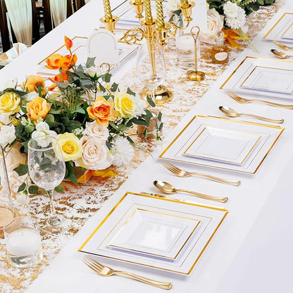 Liacere 100PCS White and Gold Square Plastic Plates-50PCS Heavy Duty 9.5inch White Dinner Plates and 50PCS 6inch White Dessert Plates - Gold Plastic Plates for Party & Christmas & New Year