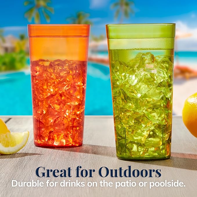 US Acrylic Cafe Plastic Reusable Tumblers (Set of 16) 20-ounce Water Cups Assorted Colors | Restaurant Style Drinking Glasses Value Set, Stackable, BPA-free, Made in the USA | Top-rack Dishwasher Safe
