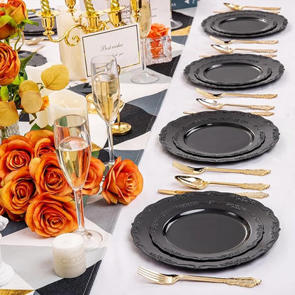 DaYammi 150Pcs Black Plastic Plates & Gold Plastic Silverware,Black Disposable Plates Set Include 30 Dinner Plate, 30 Dessert Plate,30 Golden Knives,30 Gold Forks,30 Golden Spoons for Party Wedding