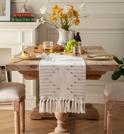 Boho Table Runner 13 x 108 Inch Long Natural Cotton Woven Runner - Image 6
