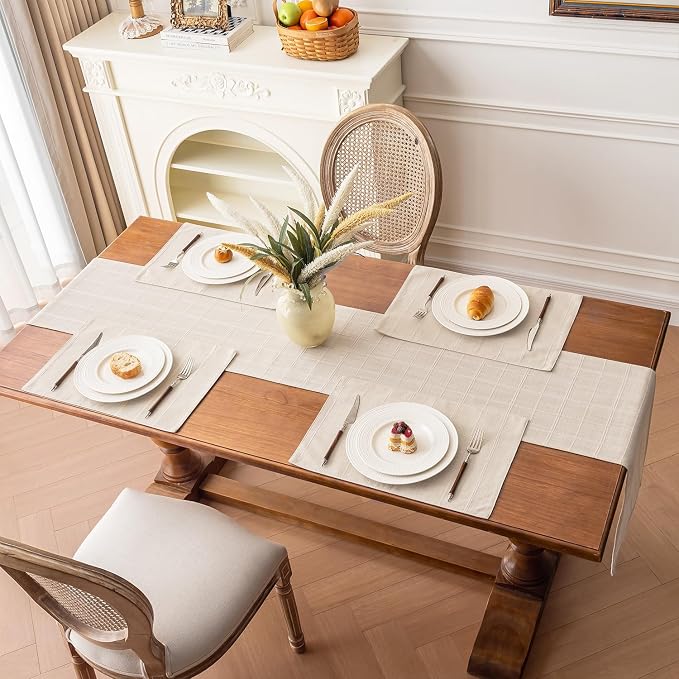 Linen Checked Placemats Set of 4, Ivory Rustic Place Mats 12x18 Inch | Raised - Image 7