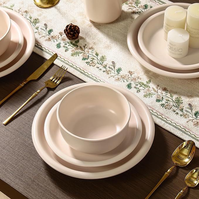 GZG Vintage Series - Ceramic Dinnerware Set for 4, 12 Pieces Stoneware Plates and Bowls Set, Lead-Free, Handcrafted Dishes Set, Microwave & Dishwasher Safe - Cream White