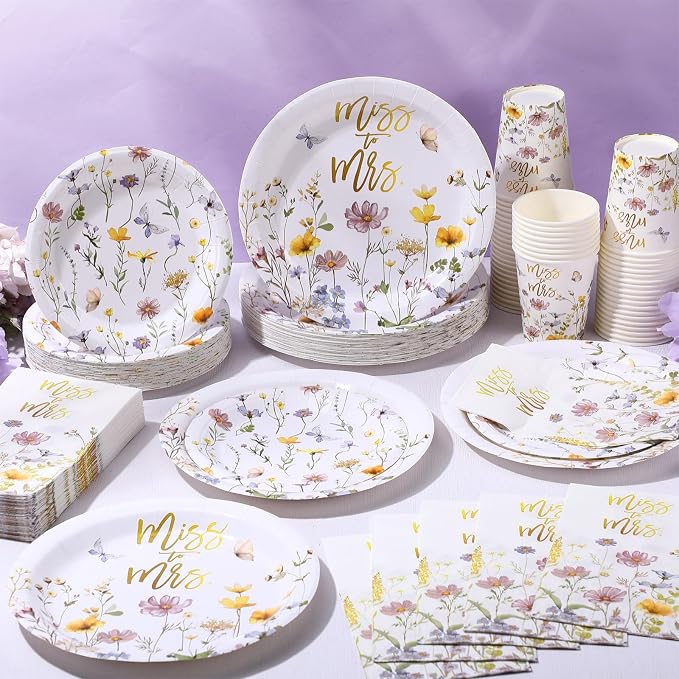 Funnymoom 250 Pcs Miss to Mrs Wildflower Paper Plates Napkins Cups Set | - Image 6