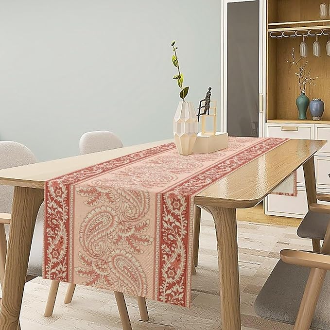 Pink Paisley Table Runner, Abstract Vintage Boho Paisley Flowers Leaves Print - Image 2