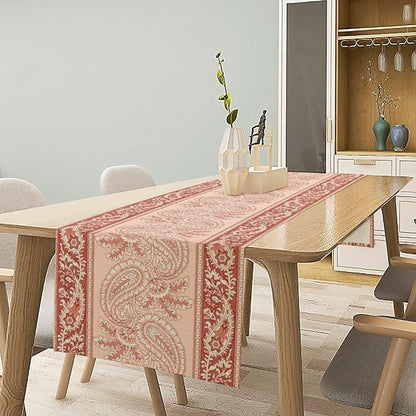 Pink Paisley Table Runner, Abstract Vintage Boho Paisley Flowers Leaves Print - Image 2