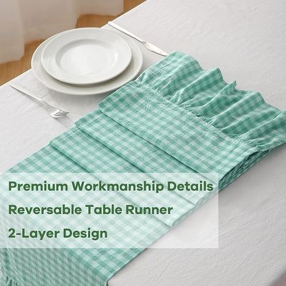 Spa Blue White Plaid Gingham Ruffle Table Runner 108 inches Long Christmas 100% - Image 5