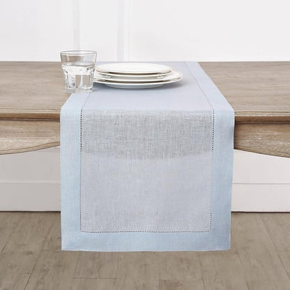 Solino Home Linen Light Blue Table Runner 72 Inches Long - 100% Pure Linen Hemstitch Table Runner 14 x 72 Inch for Dresser, Dining, Winter, Spring, Easter - Classic Hemstitch