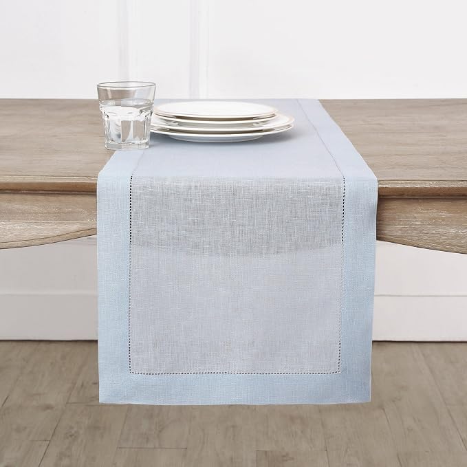 Solino Home 100% Pure Linen Table Runner Light Blue Hemstitch, 14 x 120 in | by SolinoHome