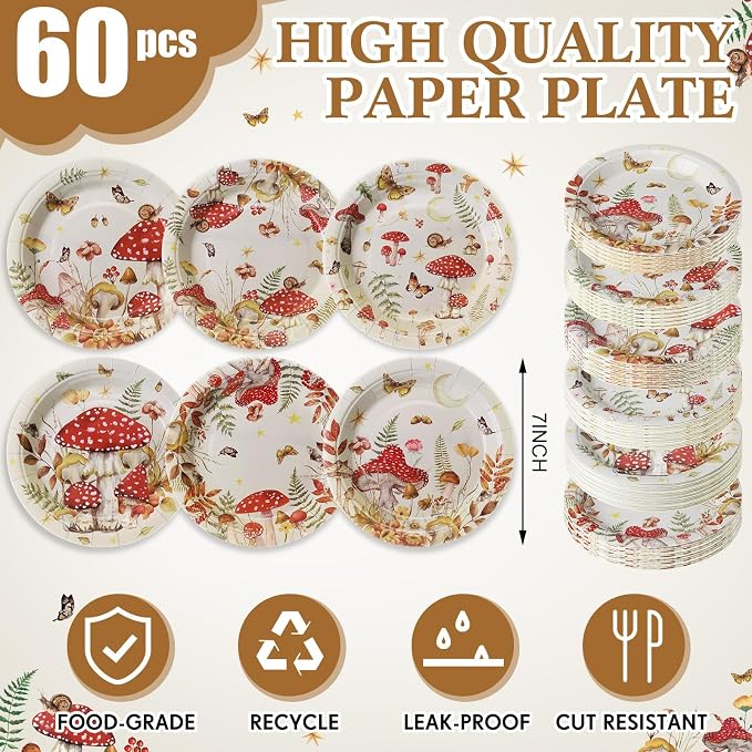 Gerrii 60 Pcs Watercolor Mushroom Party Plates 7 Inch Red Mushroom Birthday - Image 2